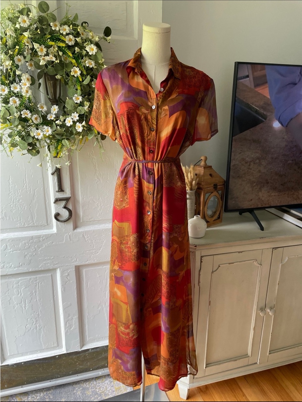 Robbie Bee Vintage 90’s 100% Silk Button-Front Maxi Dress in Red, Orange & Purpl